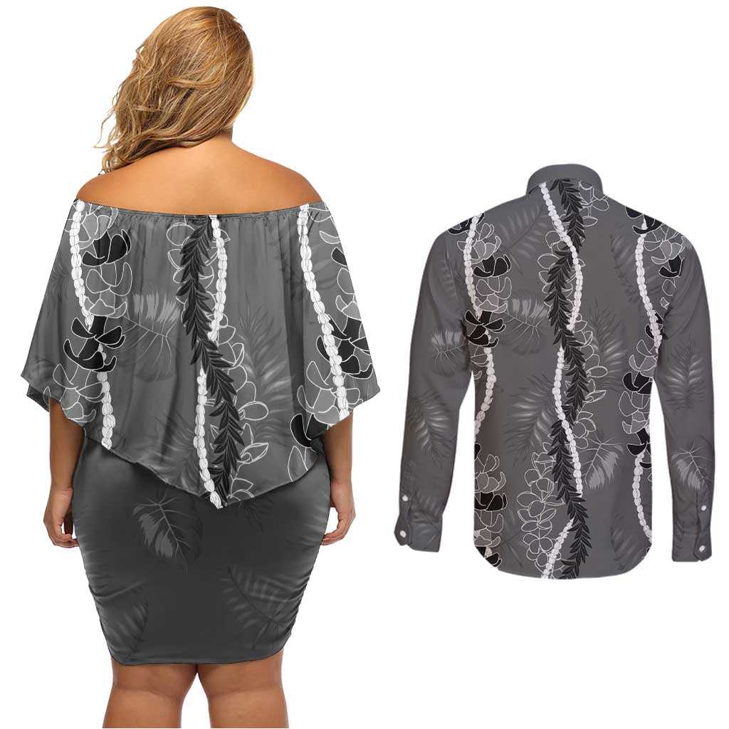Hawaii Maile Lei Couples Matching Off Shoulder Short Dress and Long Sleeve Button Shirt With Gray Monstera Pattern LT05 - Polynesian Pride