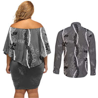 Hawaii Maile Lei Couples Matching Off Shoulder Short Dress and Long Sleeve Button Shirt With Gray Monstera Pattern LT05 - Polynesian Pride