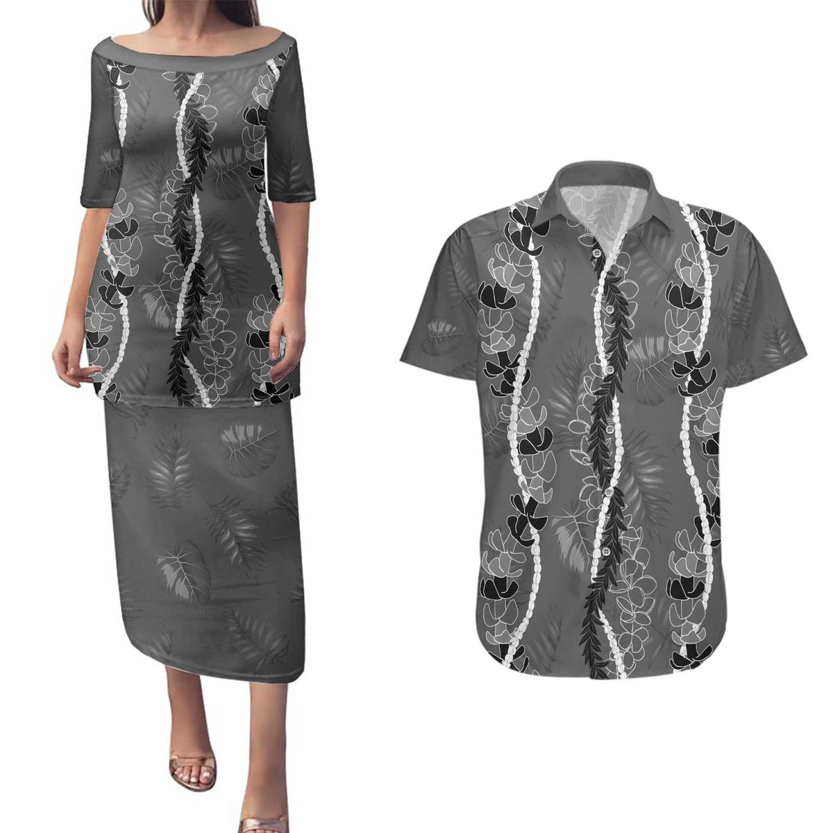 Hawaii Maile Lei Couples Matching Puletasi and Hawaiian Shirt With Gray Monstera Pattern LT05 Gray - Polynesian Pride
