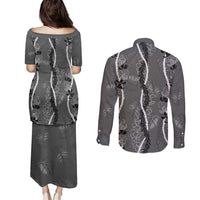 Hawaii Maile Lei Couples Matching Puletasi and Long Sleeve Button Shirt With Gray Monstera Pattern LT05 - Polynesian Pride