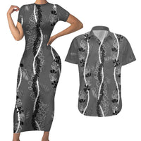 Hawaii Maile Lei Couples Matching Short Sleeve Bodycon Dress and Hawaiian Shirt With Gray Monstera Pattern LT05 Gray - Polynesian Pride
