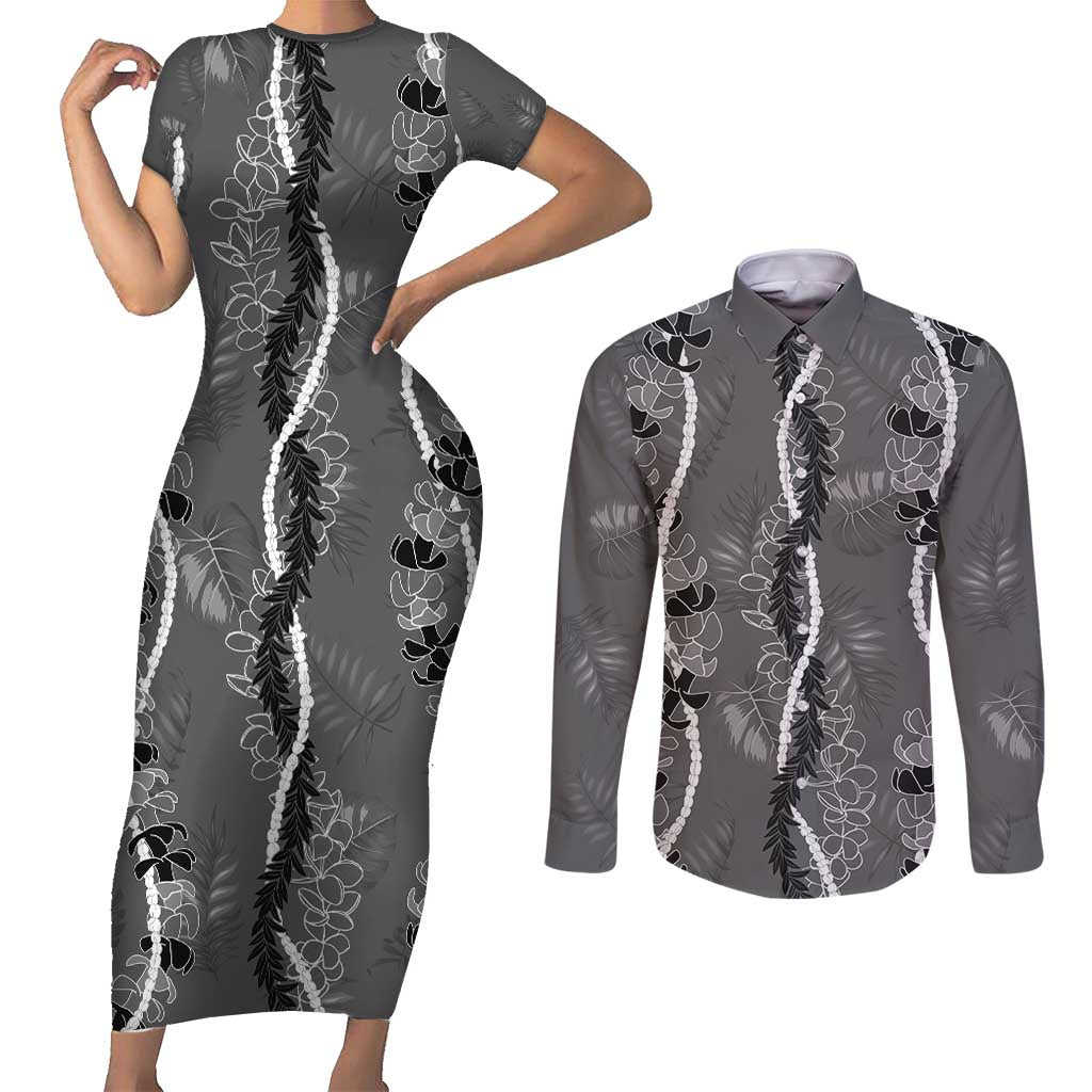 Hawaii Maile Lei Couples Matching Short Sleeve Bodycon Dress and Long Sleeve Button Shirt With Gray Monstera Pattern LT05 Gray - Polynesian Pride