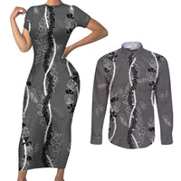 Hawaii Maile Lei Couples Matching Short Sleeve Bodycon Dress and Long Sleeve Button Shirt With Gray Monstera Pattern LT05 Gray - Polynesian Pride