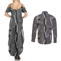 Hawaii Maile Lei Couples Matching Summer Maxi Dress and Long Sleeve Button Shirt With Gray Monstera Pattern LT05 - Polynesian Pride