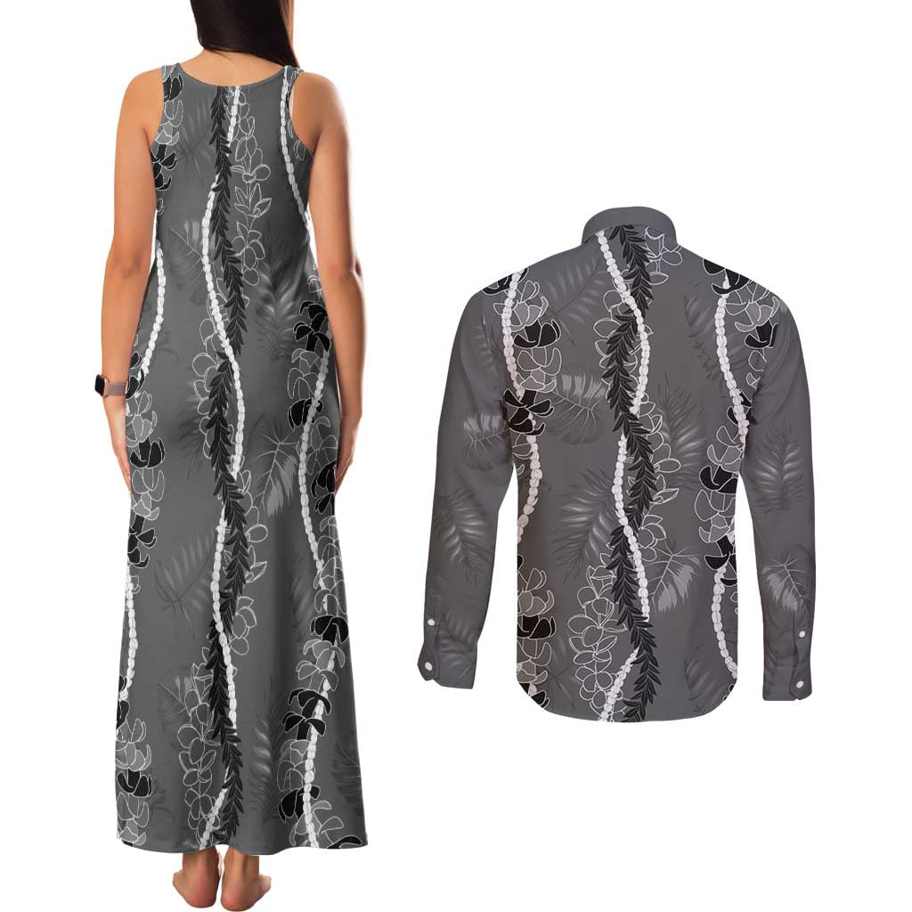 Hawaii Maile Lei Couples Matching Tank Maxi Dress and Long Sleeve Button Shirt With Gray Monstera Pattern LT05 - Polynesian Pride