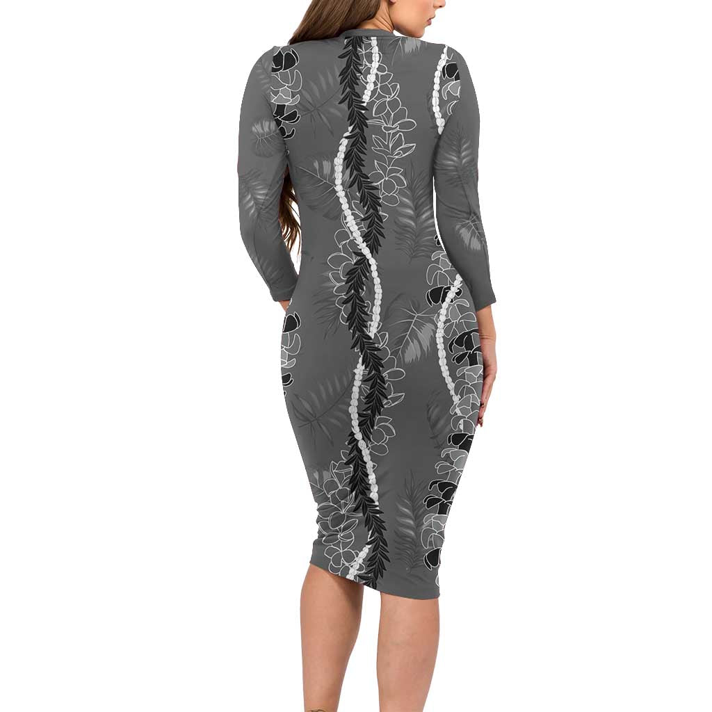 Hawaii Maile Lei Family Matching Long Sleeve Bodycon Dress and Hawaiian Shirt With Gray Monstera Pattern
