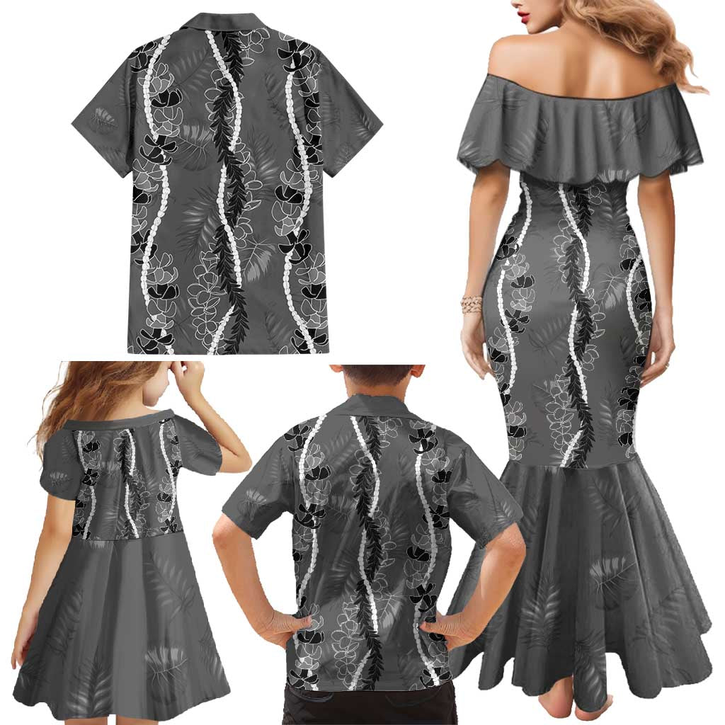 Hawaii Maile Lei Family Matching Mermaid Dress and Hawaiian Shirt With Gray Monstera Pattern
