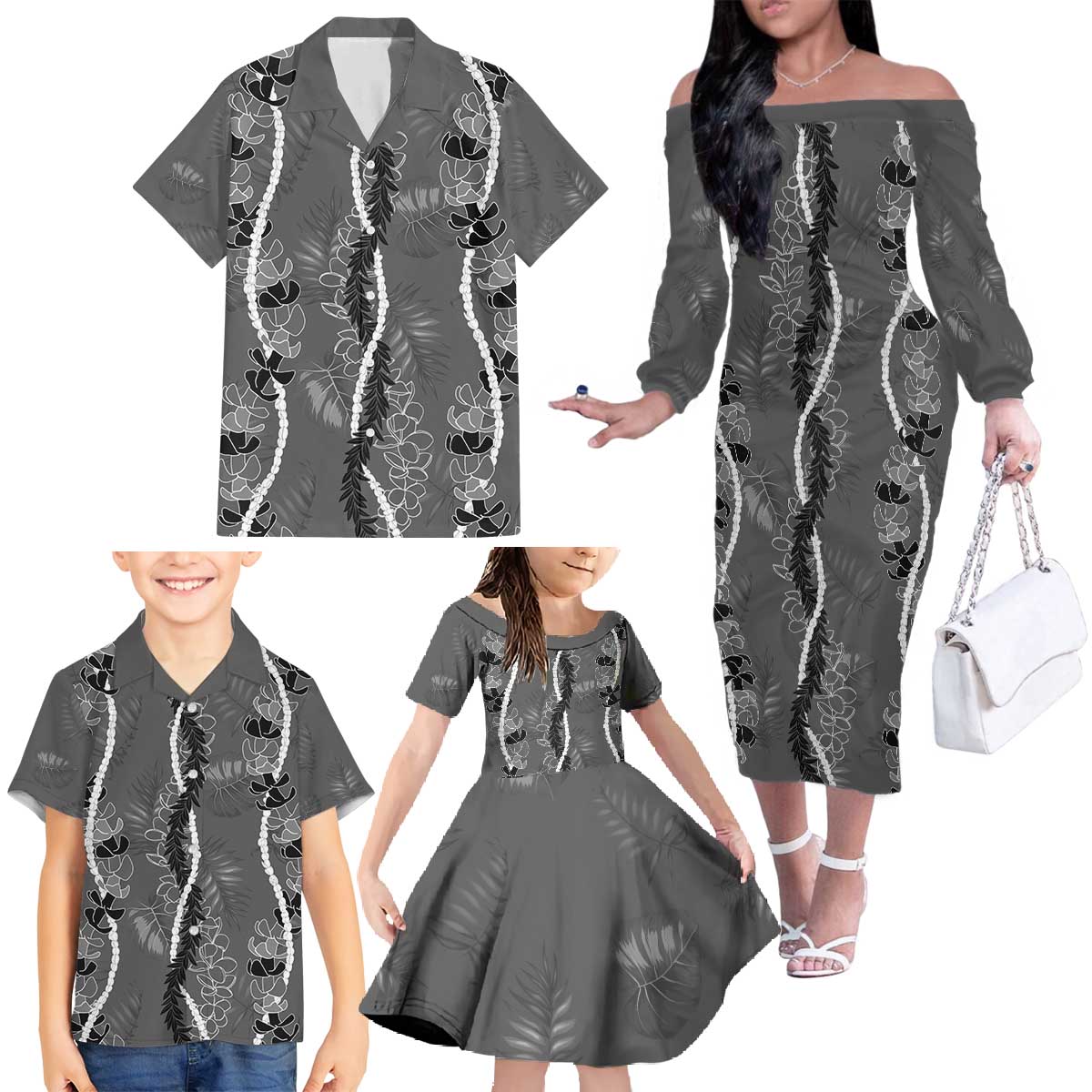Hawaii Maile Lei Family Matching Off The Shoulder Long Sleeve Dress and Hawaiian Shirt With Gray Monstera Pattern