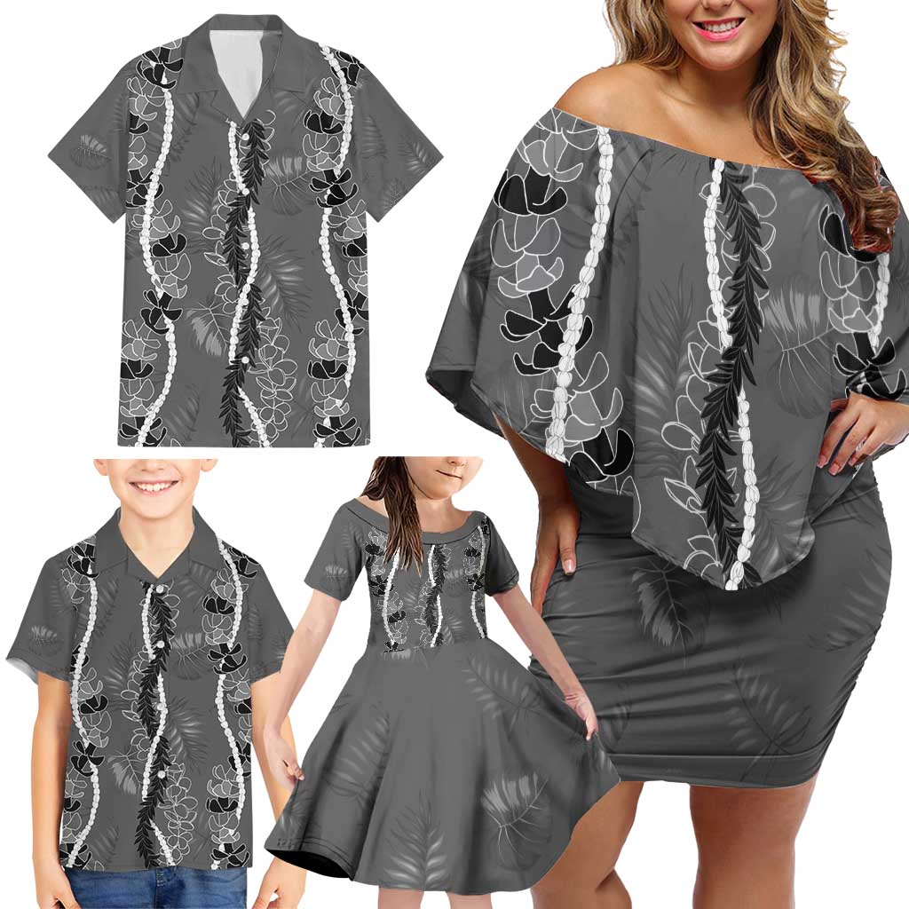 Hawaii Maile Lei Family Matching Off Shoulder Short Dress and Hawaiian Shirt With Gray Monstera Pattern