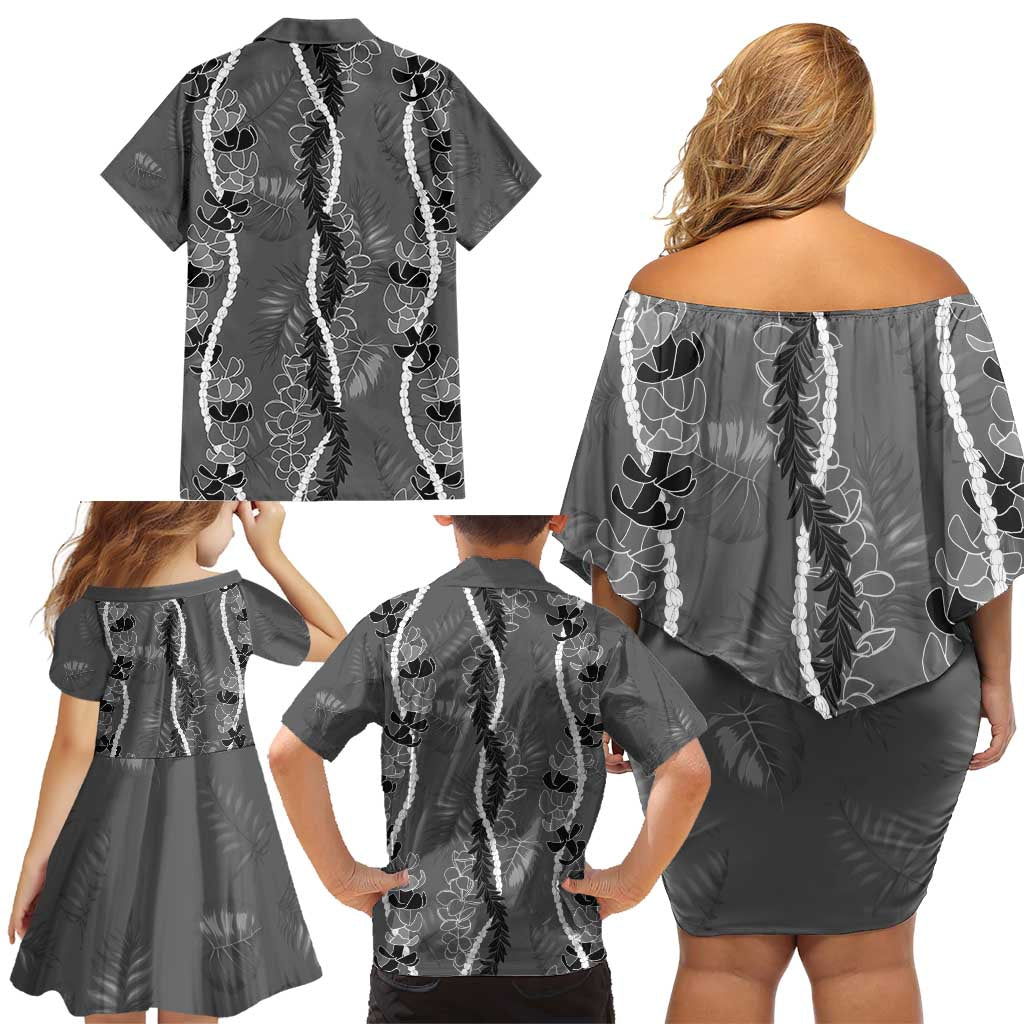 Hawaii Maile Lei Family Matching Off Shoulder Short Dress and Hawaiian Shirt With Gray Monstera Pattern