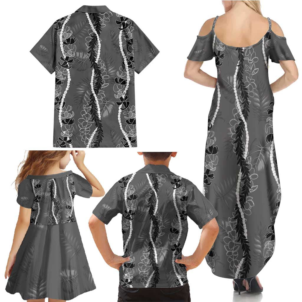 Hawaii Maile Lei Family Matching Summer Maxi Dress and Hawaiian Shirt With Gray Monstera Pattern