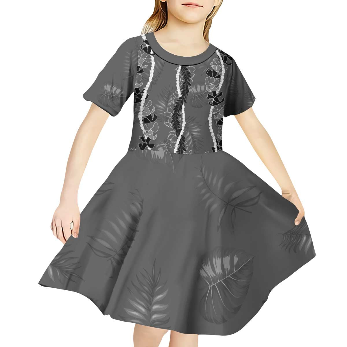 Hawaii Maile Lei Kid Short Sleeve Dress With Gray Monstera Pattern
