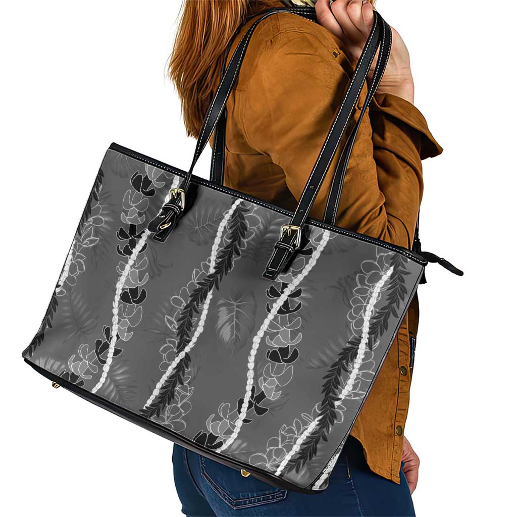 Hawaii Maile Lei Leather Tote Bag With Gray Monstera Pattern LT05 - Polynesian Pride