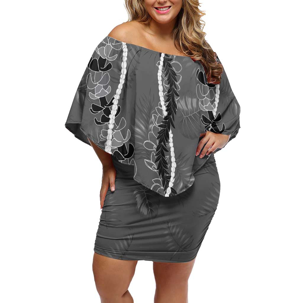 Hawaii Maile Lei Off Shoulder Short Dress With Gray Monstera Pattern LT05 Women Gray - Polynesian Pride