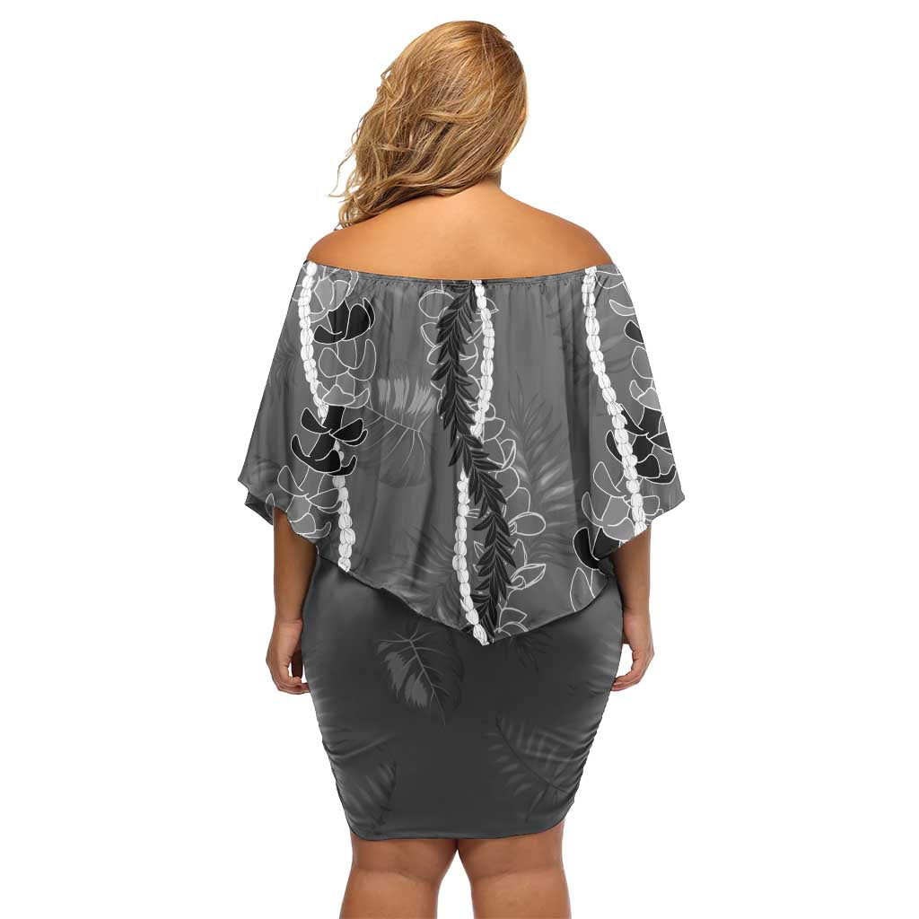 Hawaii Maile Lei Off Shoulder Short Dress With Gray Monstera Pattern LT05 - Polynesian Pride