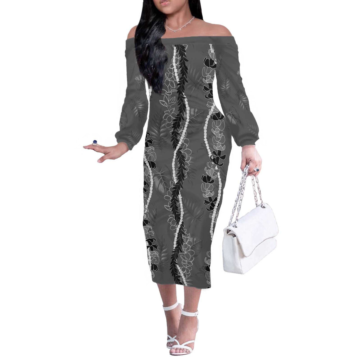 Hawaii Maile Lei Off The Shoulder Long Sleeve Dress With Gray Monstera Pattern LT05 Women Gray - Polynesian Pride