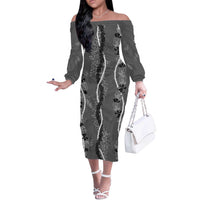 Hawaii Maile Lei Off The Shoulder Long Sleeve Dress With Gray Monstera Pattern LT05 Women Gray - Polynesian Pride