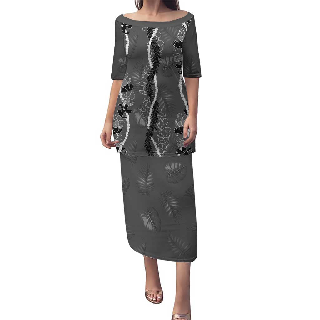 Hawaii Maile Lei Puletasi With Gray Monstera Pattern LT05 Long Dress Gray - Polynesian Pride