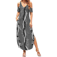 Hawaii Maile Lei Summer Maxi Dress With Gray Monstera Pattern LT05 Women Gray - Polynesian Pride