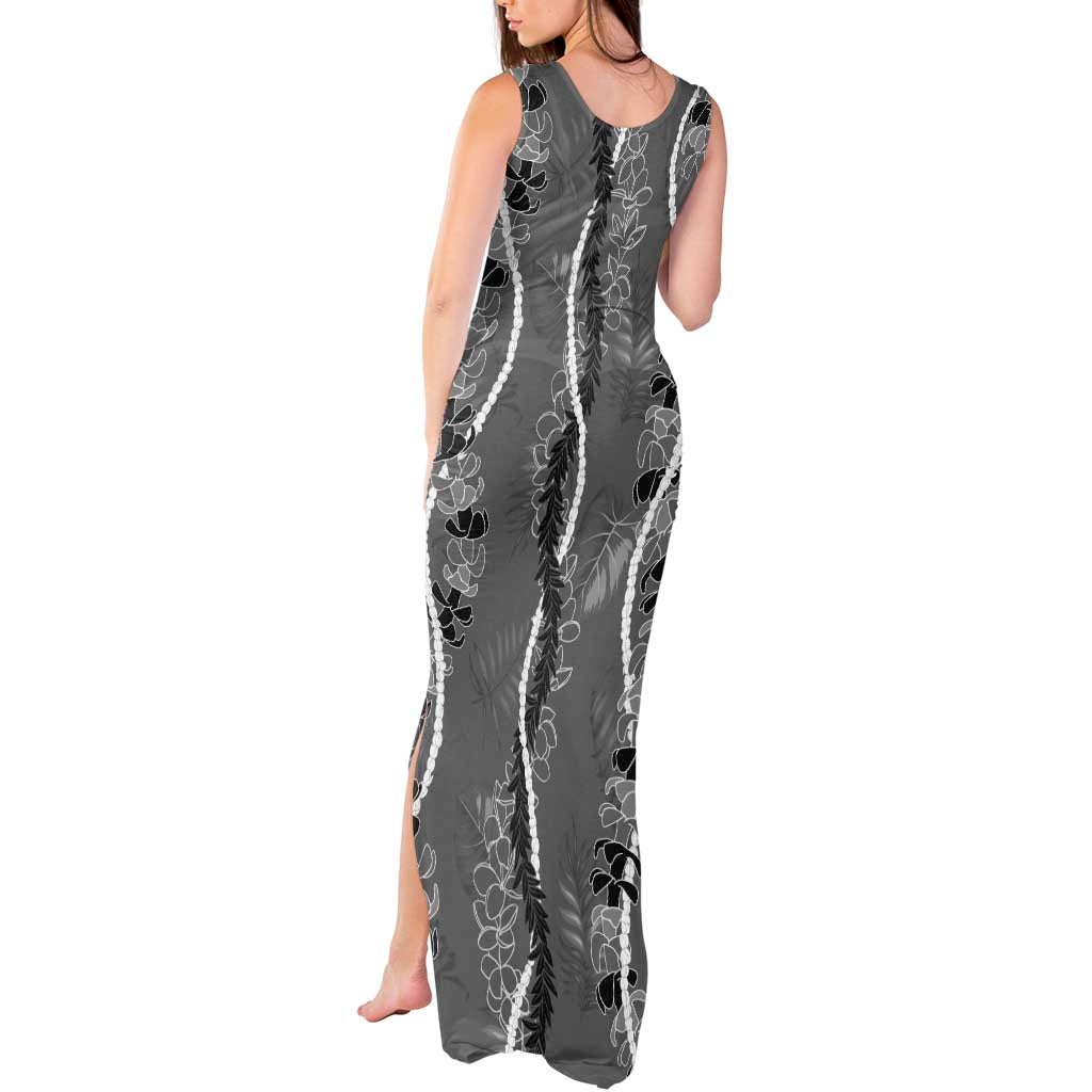 Hawaii Maile Lei Tank Maxi Dress With Gray Monstera Pattern LT05 - Polynesian Pride