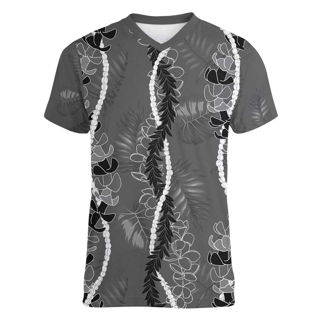 Hawaii Maile Lei Women V-Neck T-Shirt With Gray Monstera Pattern LT05 Female Gray - Polynesian Pride