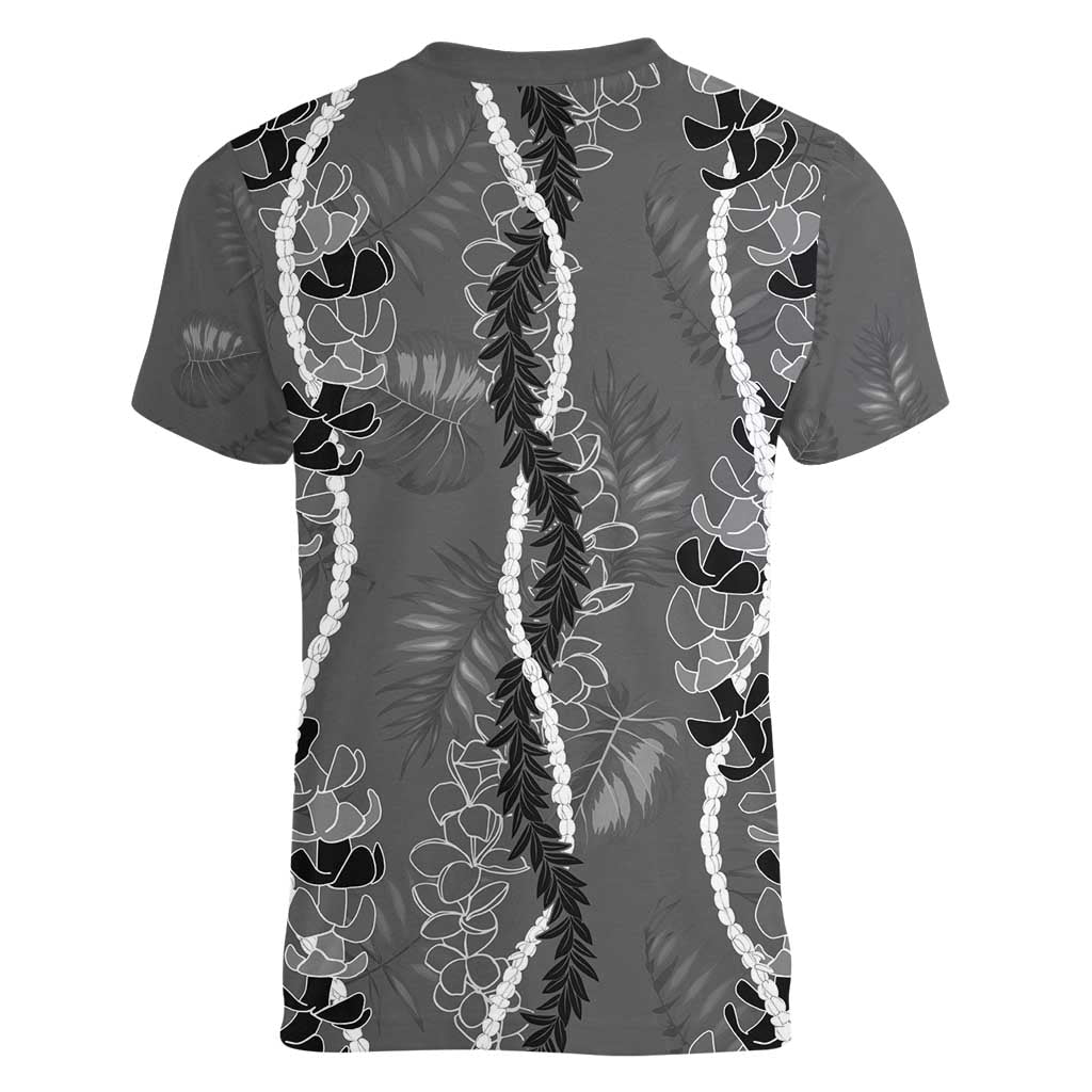 Hawaii Maile Lei Women V-Neck T-Shirt With Gray Monstera Pattern LT05 - Polynesian Pride