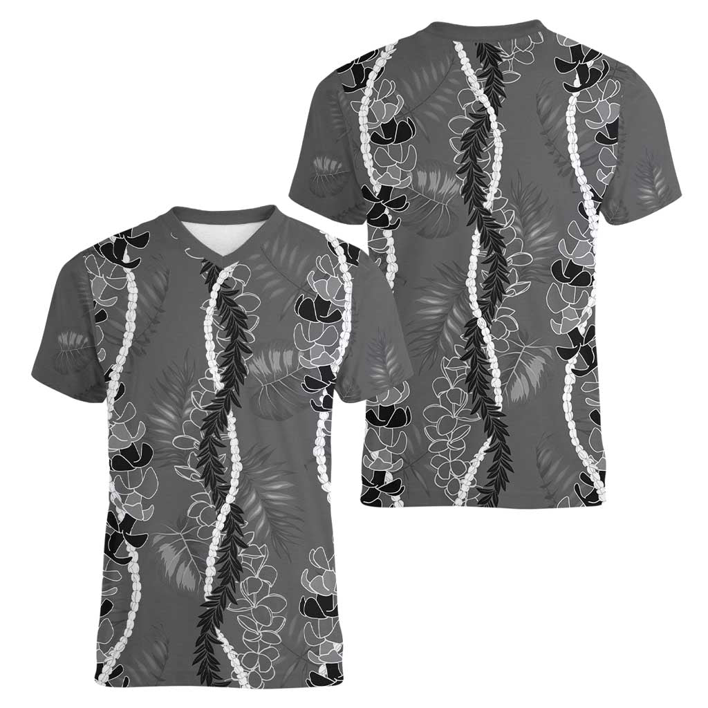 Hawaii Maile Lei Women V-Neck T-Shirt With Gray Monstera Pattern LT05 - Polynesian Pride