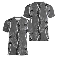 Hawaii Maile Lei Women V-Neck T-Shirt With Gray Monstera Pattern LT05 - Polynesian Pride