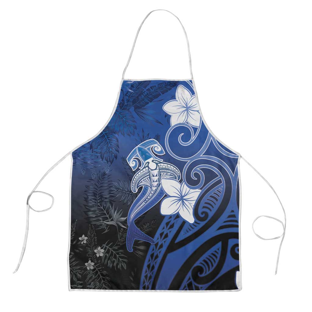 Polynesia Hammerhead Shark Apron Blue Tribal Pattern With Plumeria - Polynesian Pride