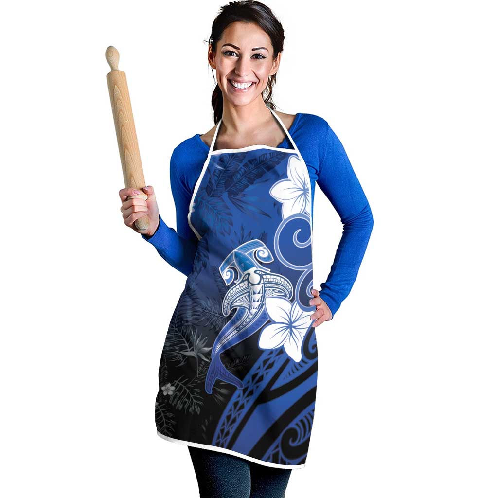 Polynesia Hammerhead Shark Apron Blue Tribal Pattern With Plumeria - Polynesian Pride