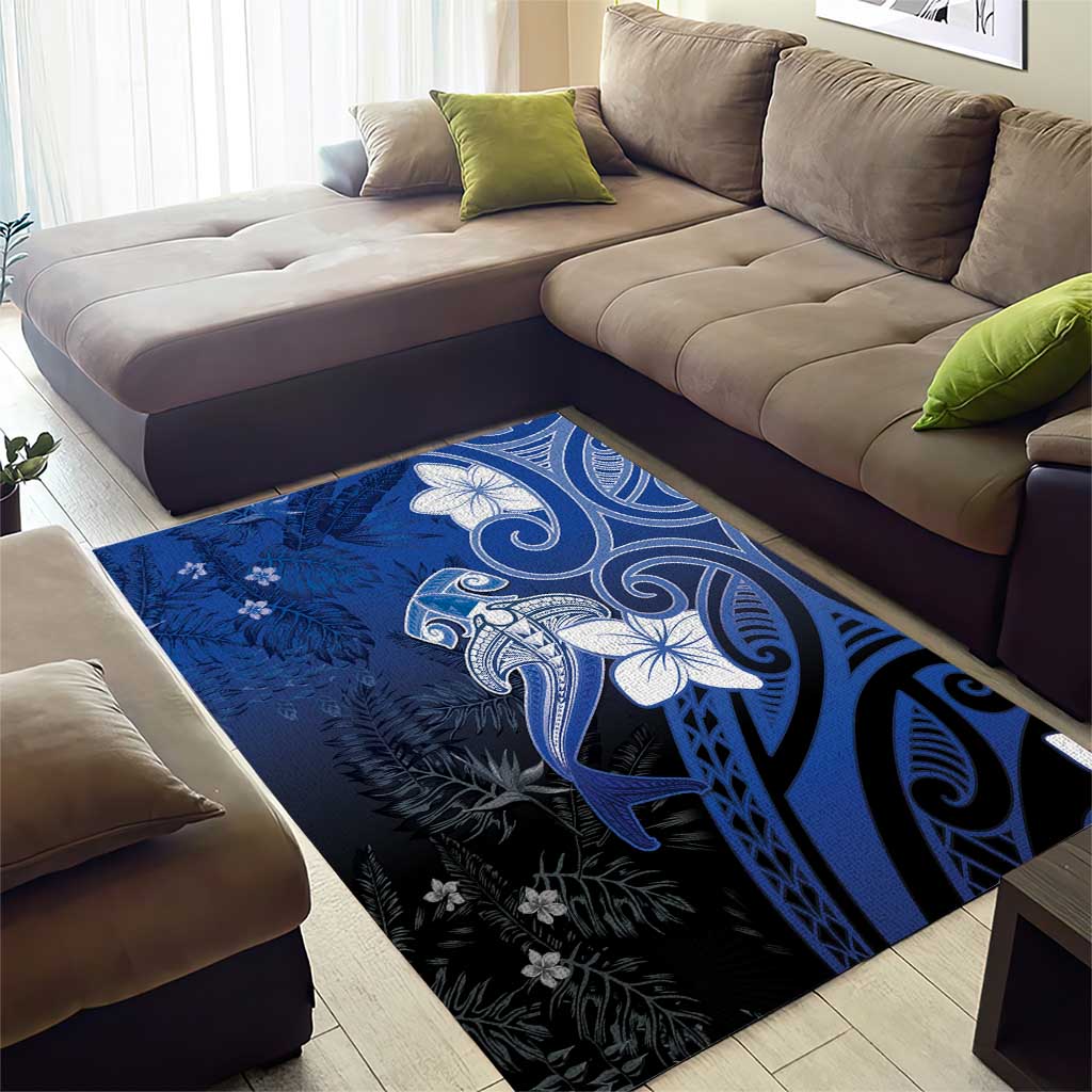 Polynesia Hammerhead Shark Area Rug Blue Tribal Pattern With Plumeria - Polynesian Pride