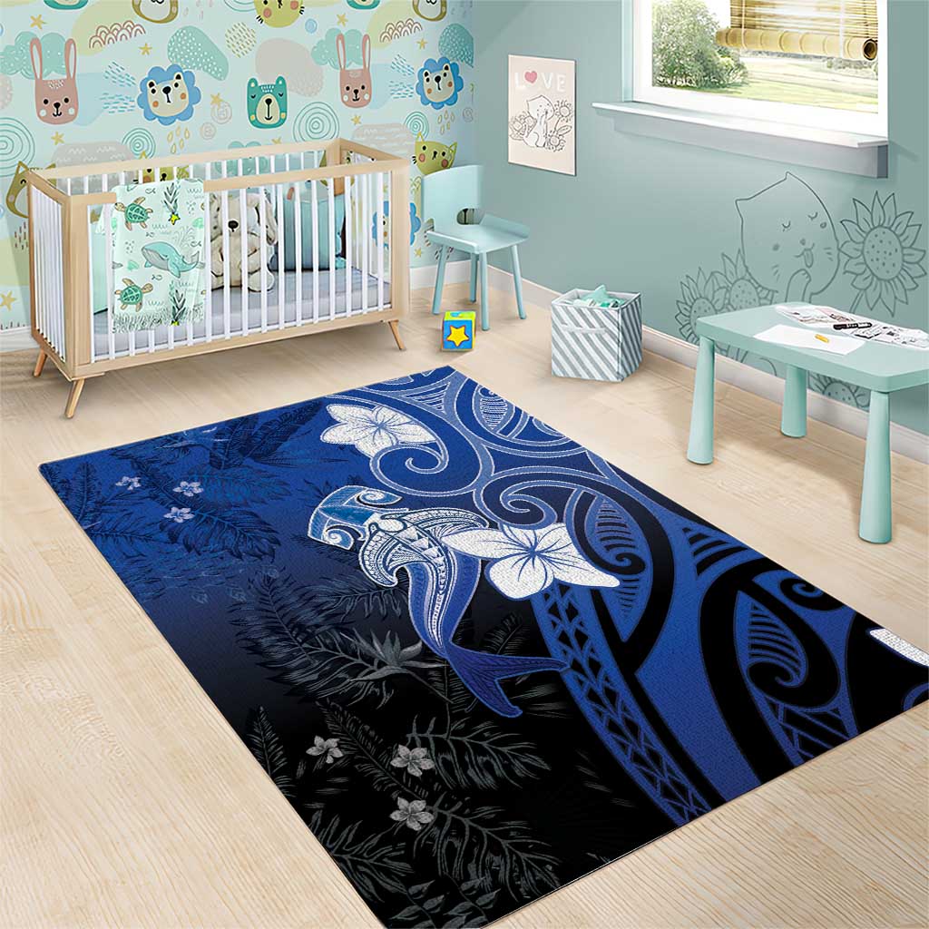 Polynesia Hammerhead Shark Area Rug Blue Tribal Pattern With Plumeria - Polynesian Pride