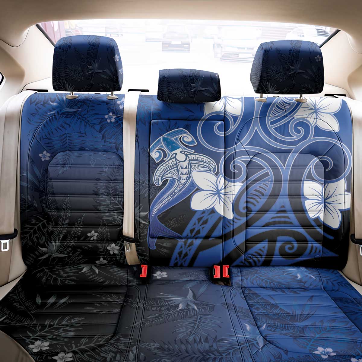 Polynesia Hammerhead Shark Back Car Seat Cover Blue Tribal Pattern With Plumeria LT05 - Polynesian Pride