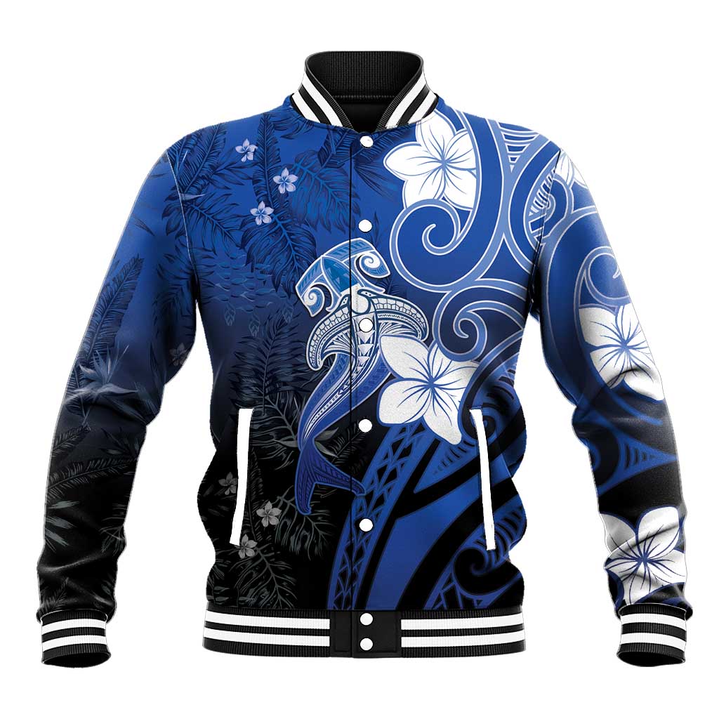 Polynesia Hammerhead Shark Baseball Jacket Blue Tribal Pattern With Plumeria LT05 Unisex Blue - Polynesian Pride