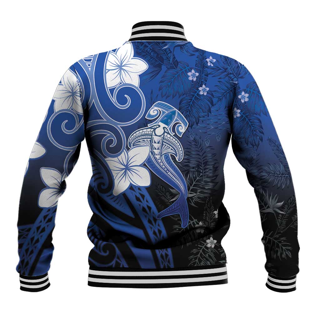 Polynesia Hammerhead Shark Baseball Jacket Blue Tribal Pattern With Plumeria LT05 - Polynesian Pride
