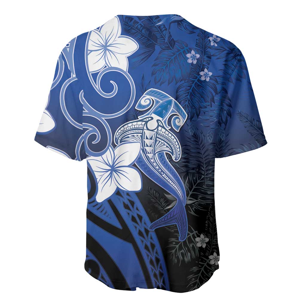 Polynesia Hammerhead Shark Baseball Jersey Blue Tribal Pattern With Plumeria LT05 - Polynesian Pride