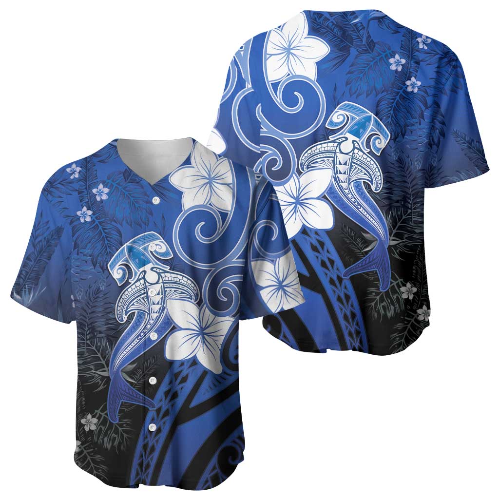 Polynesia Hammerhead Shark Baseball Jersey Blue Tribal Pattern With Plumeria LT05 - Polynesian Pride