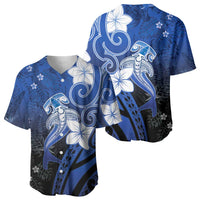 Polynesia Hammerhead Shark Baseball Jersey Blue Tribal Pattern With Plumeria LT05 - Polynesian Pride