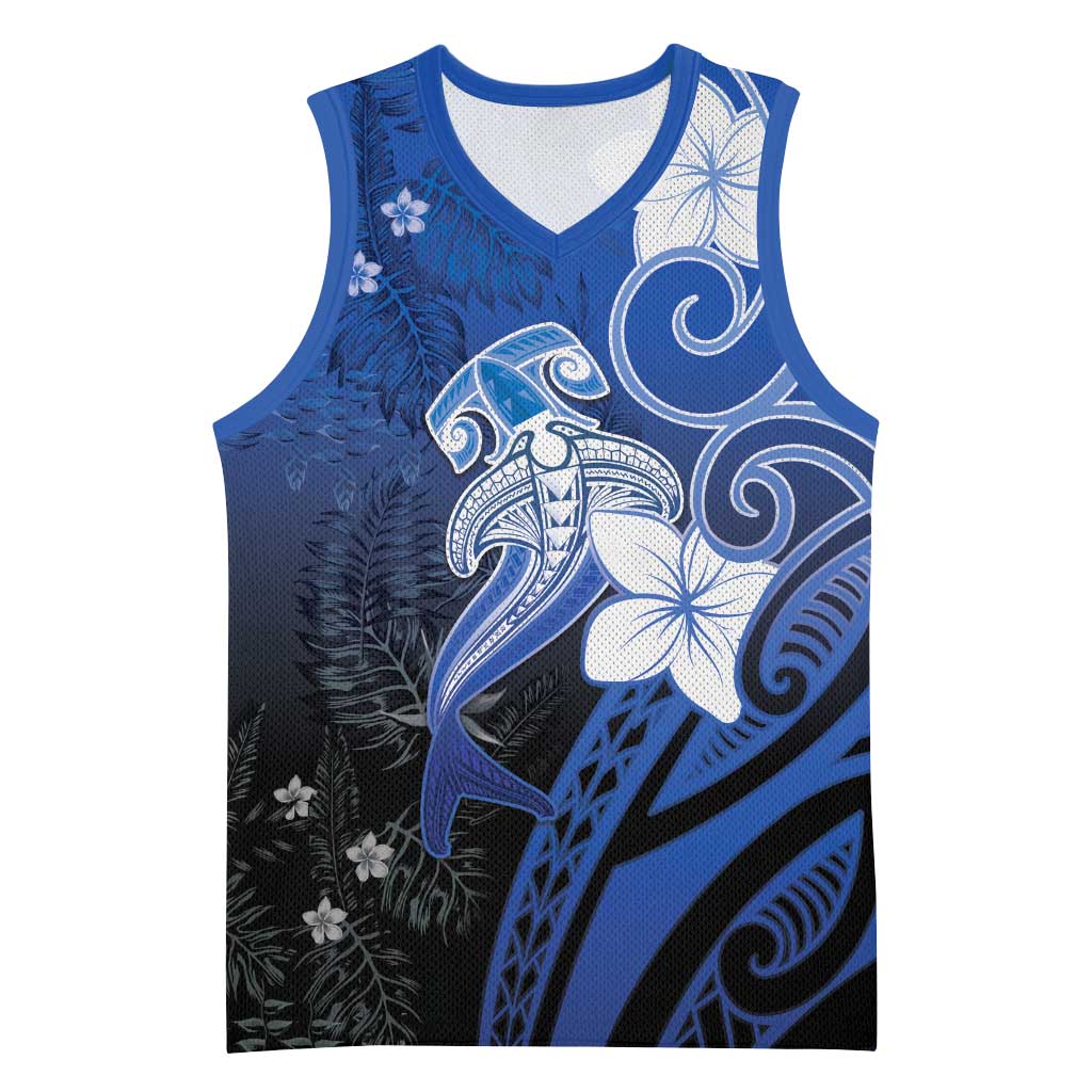 Polynesia Hammerhead Shark Basketball Jersey Blue Tribal Pattern With Plumeria LT05 Unisex Blue - Polynesian Pride