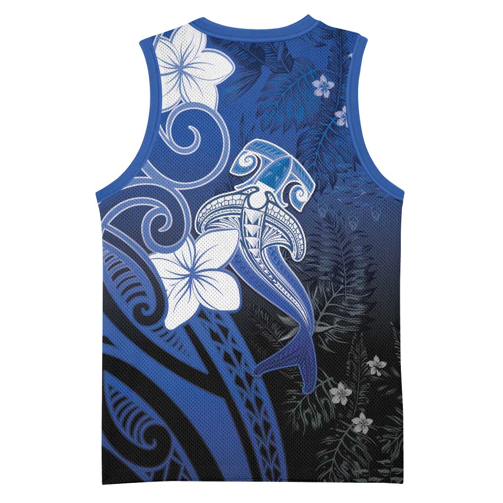 Polynesia Hammerhead Shark Basketball Jersey Blue Tribal Pattern With Plumeria LT05 - Polynesian Pride