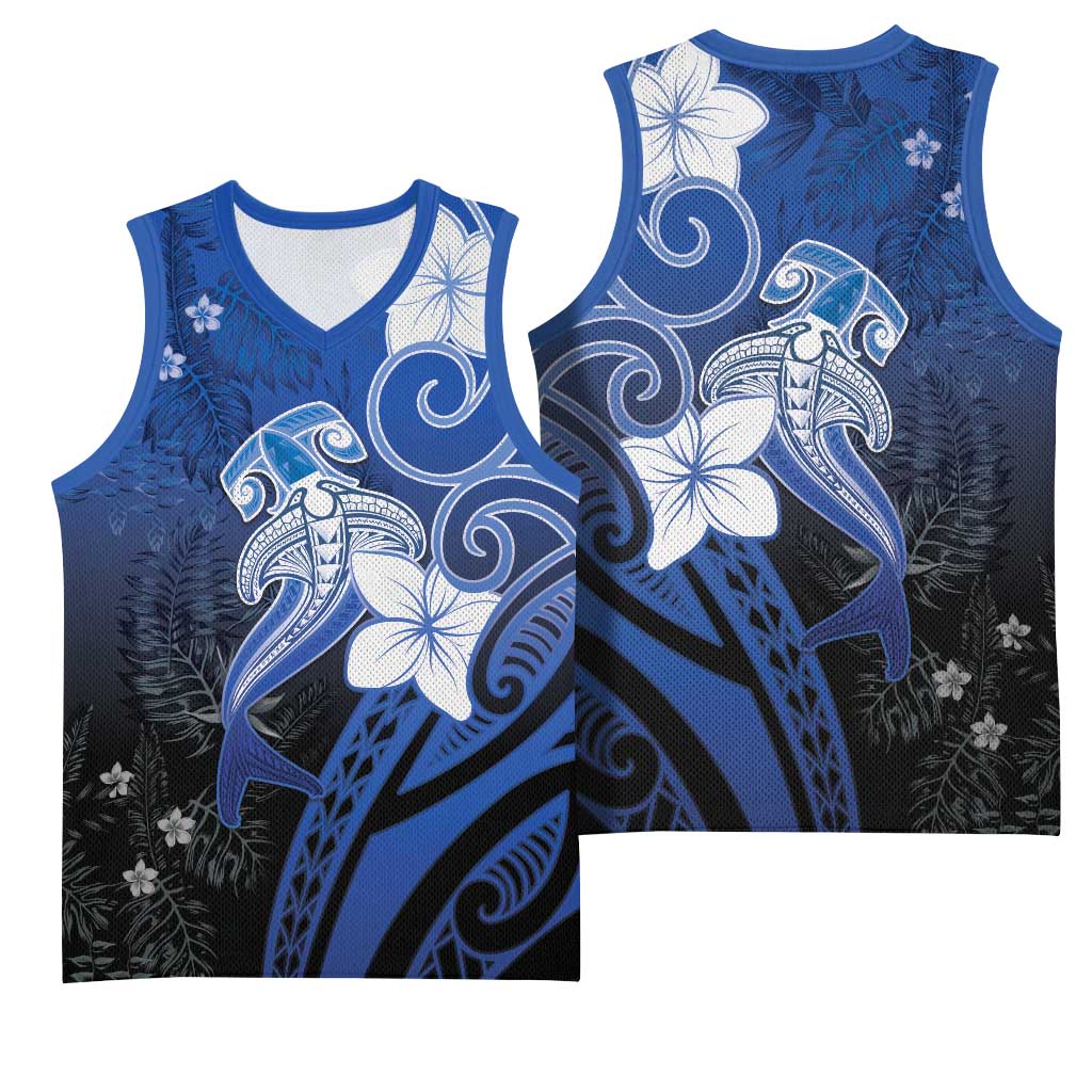 Polynesia Hammerhead Shark Basketball Jersey Blue Tribal Pattern With Plumeria LT05 - Polynesian Pride