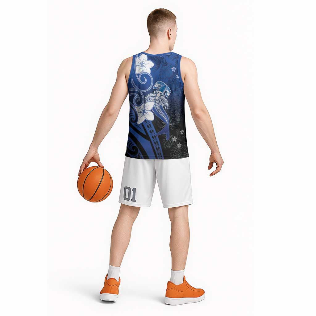 Polynesia Hammerhead Shark Basketball Jersey Blue Tribal Pattern With Plumeria LT05 - Polynesian Pride