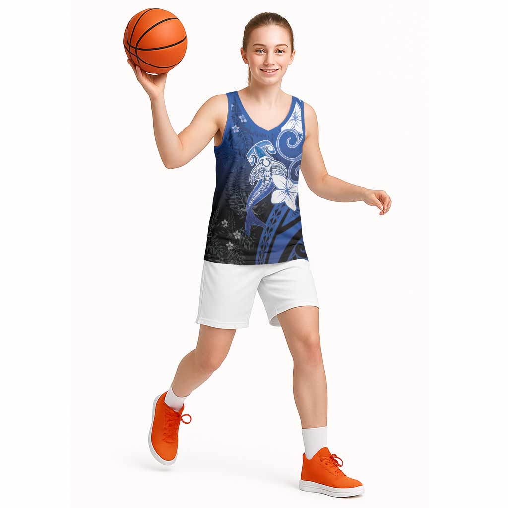Polynesia Hammerhead Shark Basketball Jersey Blue Tribal Pattern With Plumeria LT05 - Polynesian Pride