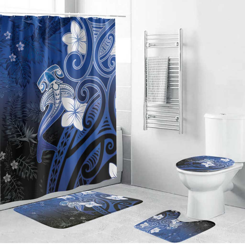 Polynesia Hammerhead Shark Bathroom Set Blue Tribal Pattern With Plumeria - Polynesian Pride