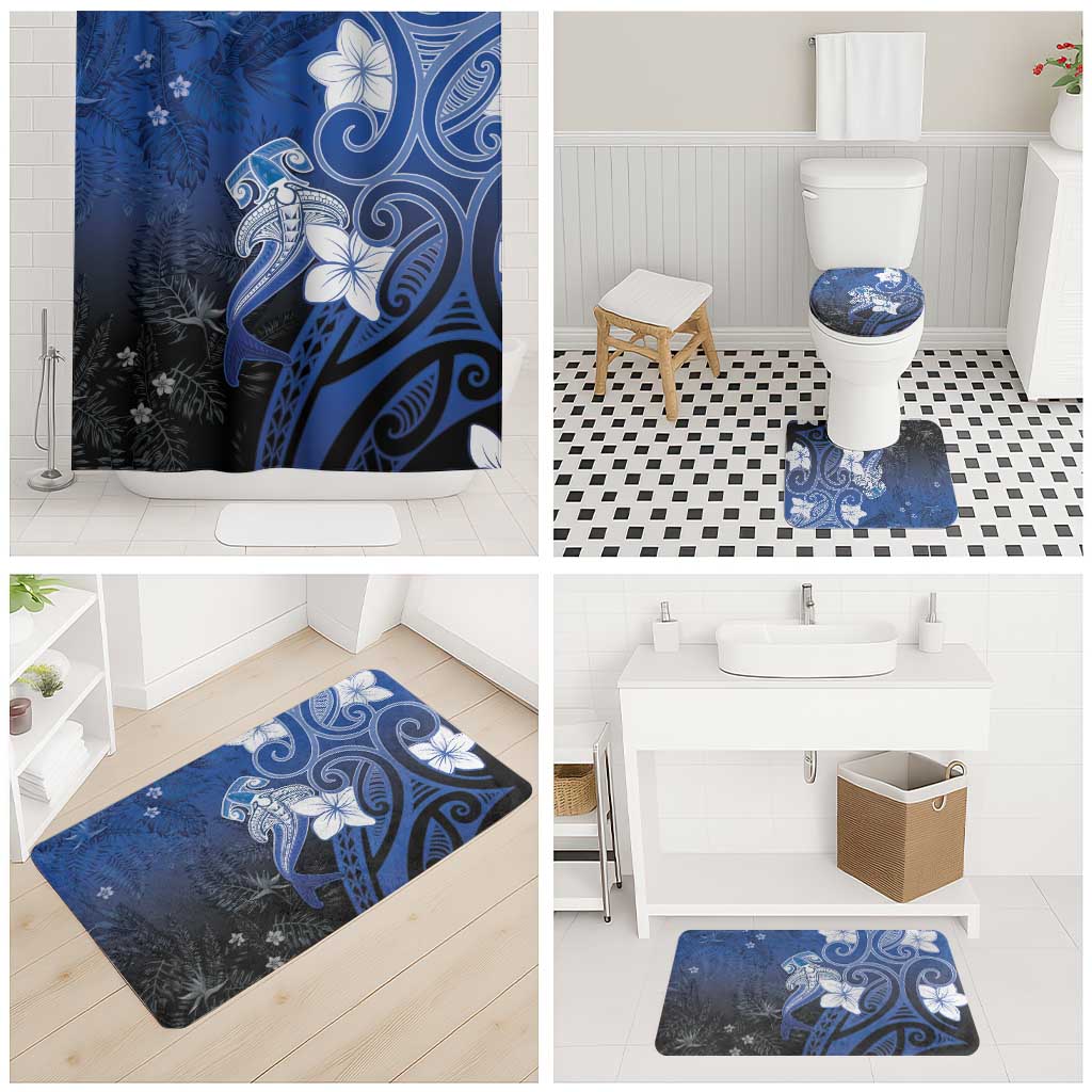 Polynesia Hammerhead Shark Bathroom Set Blue Tribal Pattern With Plumeria - Polynesian Pride