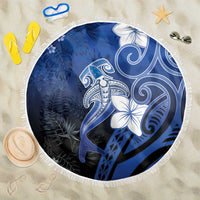 Polynesia Hammerhead Shark Beach Blanket Blue Tribal Pattern With Plumeria - Polynesian Pride