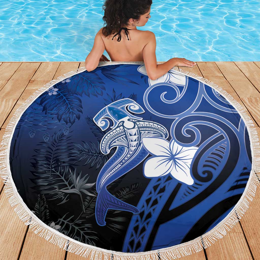 Polynesia Hammerhead Shark Beach Blanket Blue Tribal Pattern With Plumeria - Polynesian Pride
