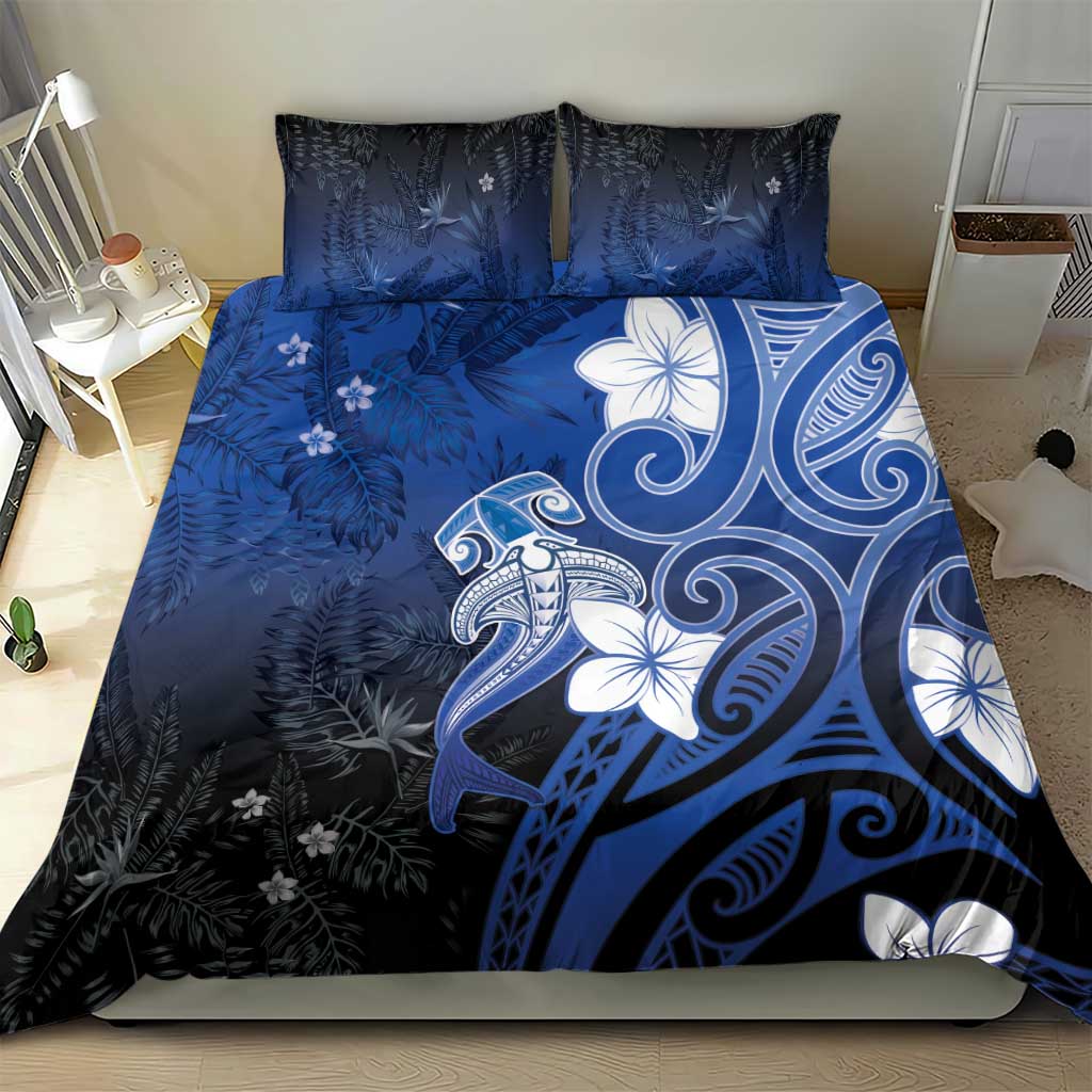 Polynesia Hammerhead Shark Bedding Set Blue Tribal Pattern With Plumeria - Polynesian Pride