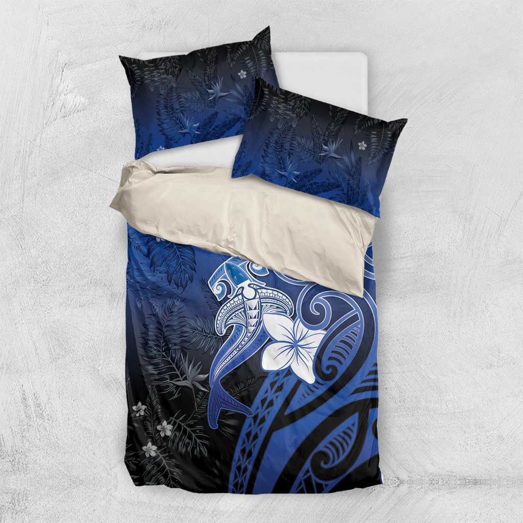 Polynesia Hammerhead Shark Bedding Set Blue Tribal Pattern With Plumeria - Polynesian Pride
