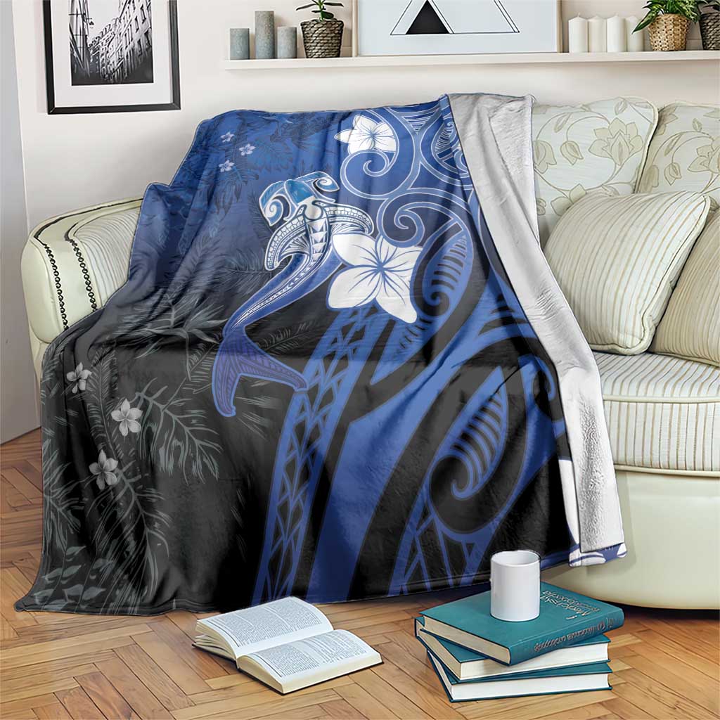 Polynesia Hammerhead Shark Blanket Blue Tribal Pattern With Plumeria - Polynesian Pride